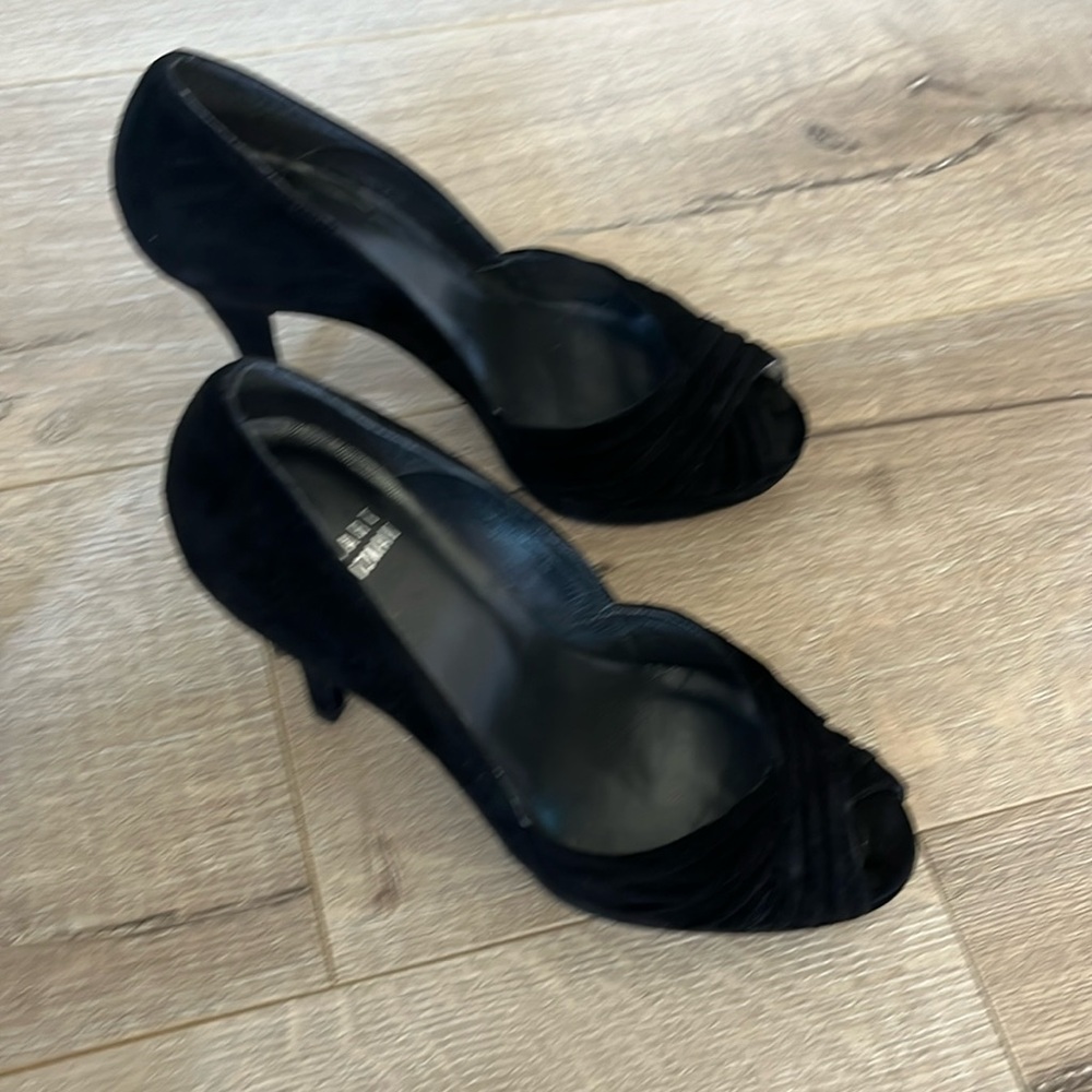 Suede peep toe sandals; size fits like 7,5